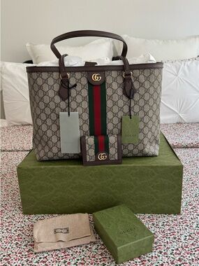 Gucci GG Ophidia Signature Medium Brown Handbag Tote + Matching Card Case Wallet